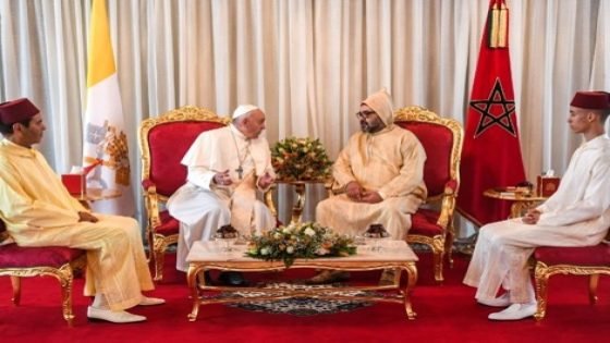 Pope Francis (2nd-L) is received by Morocco's King Mohammed VI (2nd-R), his son Crown Prince Moulay Hassan (R), and brother Moulay Rachid (L), upon his arrival in the capital Rabat on March 30, 2019. (Photo by FADEL SENNA / POOL / AFP)
